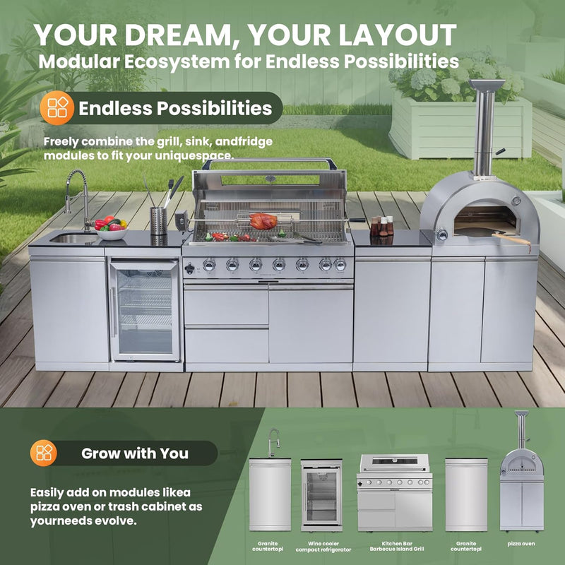 Vaztrlus Outdoor Kitchen Island, Propane BBQ Grill w/ Pizza Oven