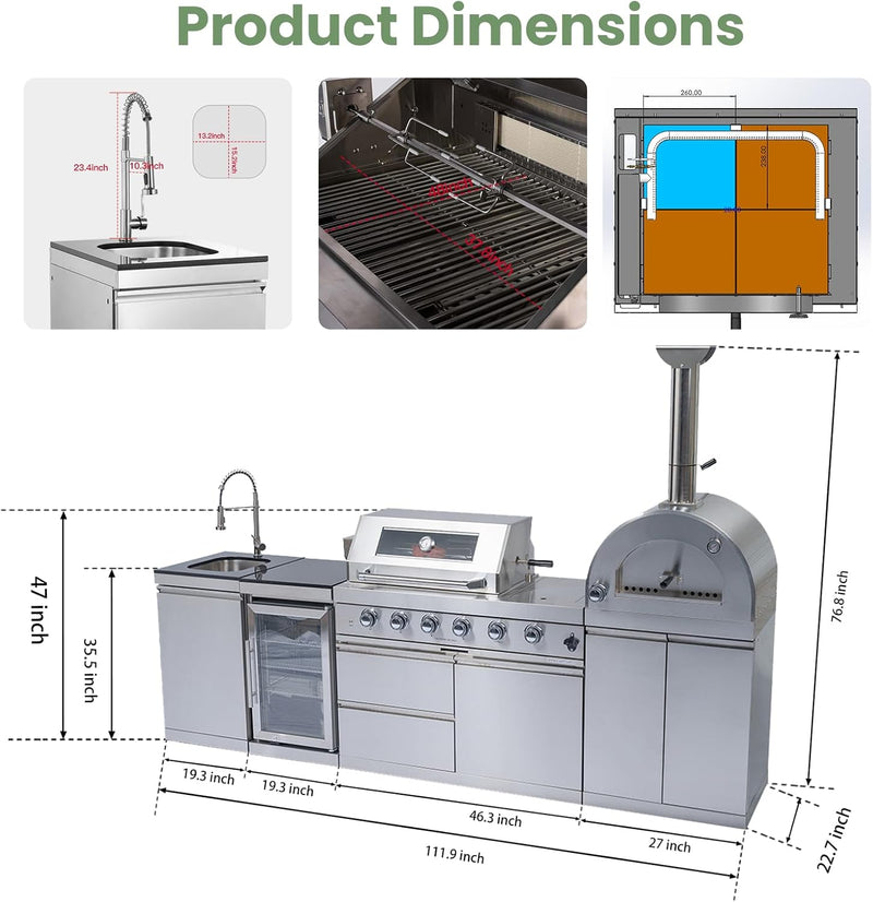 Vaztrlus Outdoor Kitchen Island, Natural Gas BBQ Grill w/Side Burner Pizza Oven