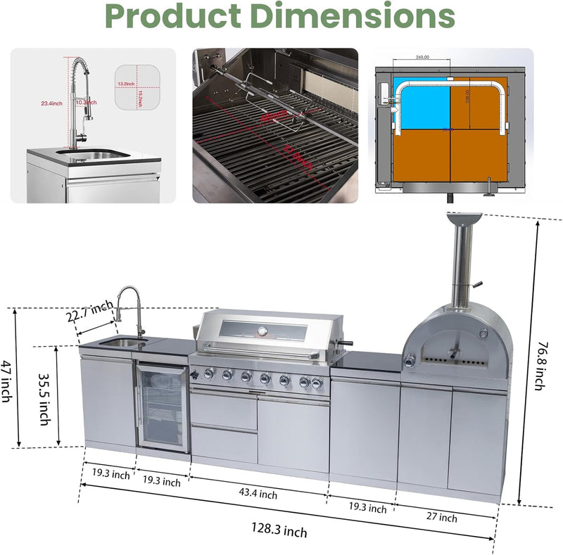Vaztrlus Outdoor Kitchen Island, Natural Gas BBQ Grill w/ Pizza Oven