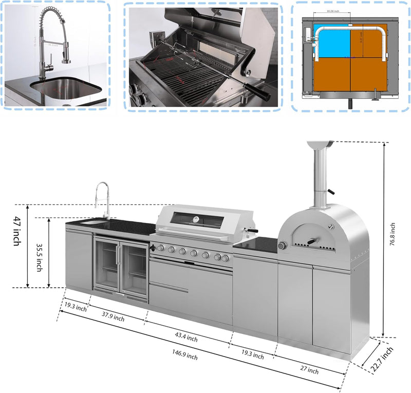 Vaztrlus Outdoor Kitchen Island,Propane BBQ Grill with Pizza Oven