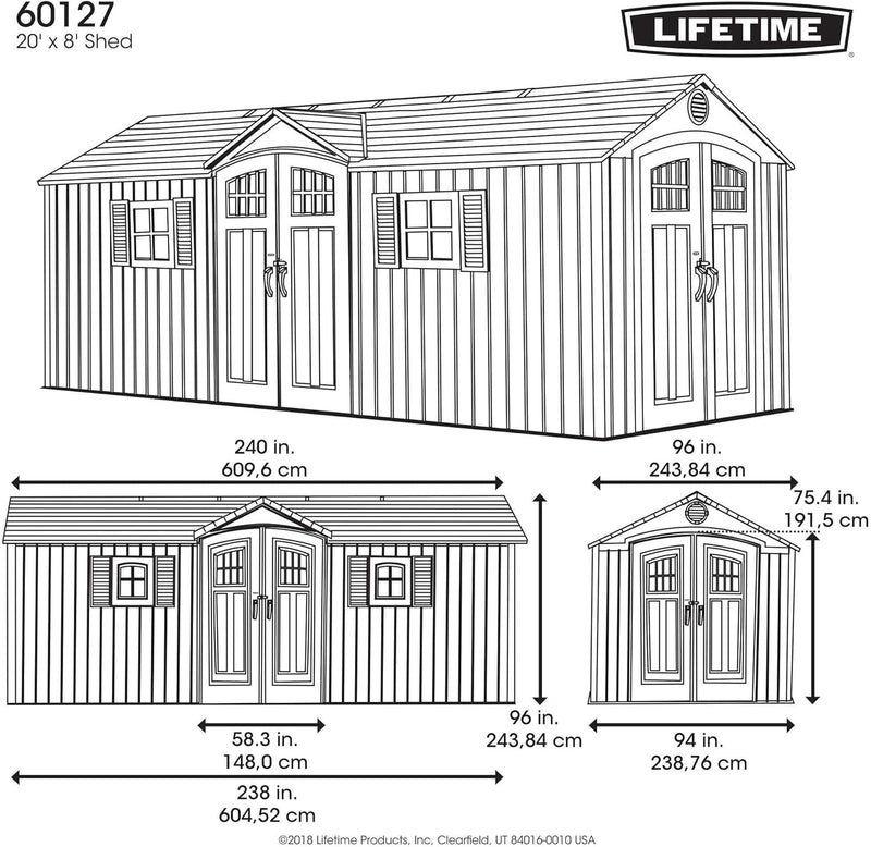 Lifetime 60127 20 x 8 Ft. Outdoor Storage Shed w/ Lockable Doors