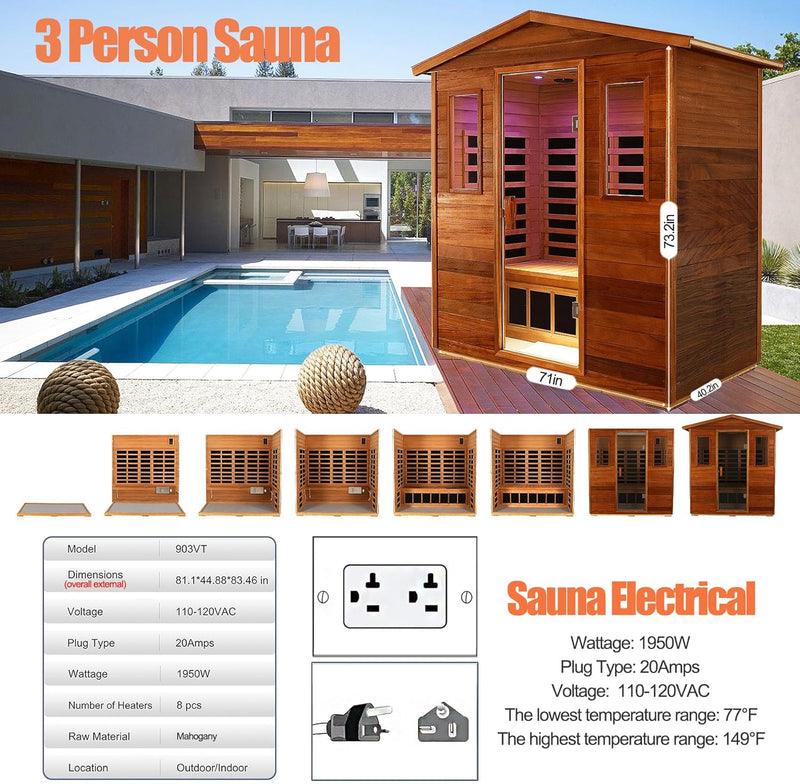 SalusHeat KM-903VT 3 Person Outdoor Wooden Infrared Sauna