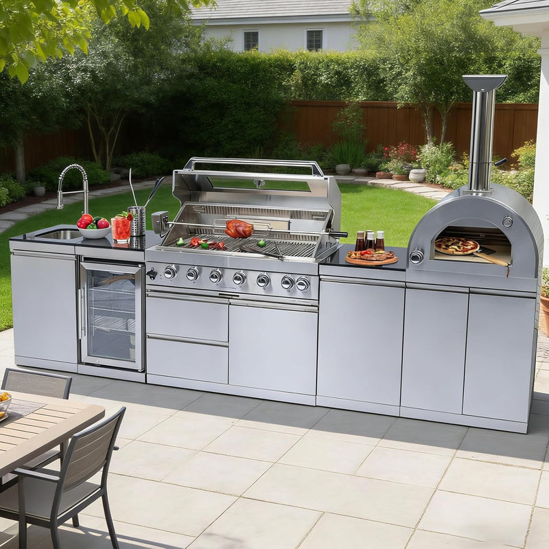 Vaztrlus Outdoor Kitchen Island, Propane BBQ Grill w/ Pizza Oven