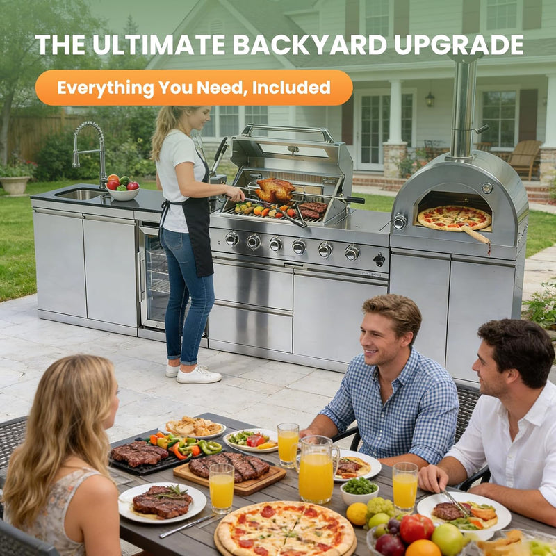 Vaztrlus Outdoor Kitchen Island Natural Gas BBQ Grill w/ Side Burner Pizza Oven