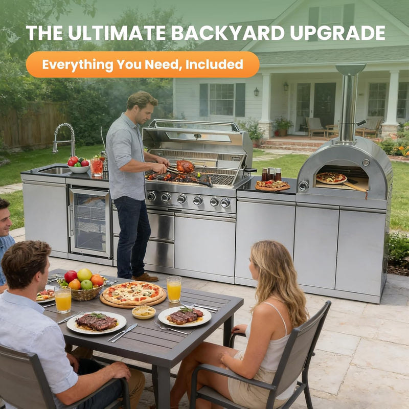 Vaztrlus Outdoor Kitchen Island, Propane BBQ Grill w/ Pizza Oven