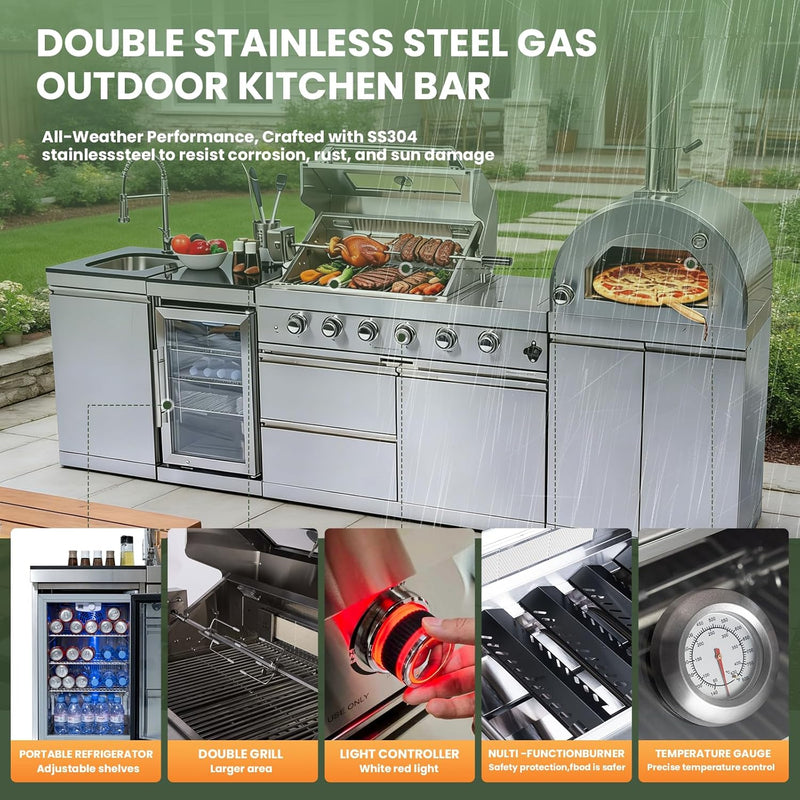 Vaztrlus Outdoor Kitchen Island, Natural Gas BBQ Grill w/Side Burner Pizza Oven