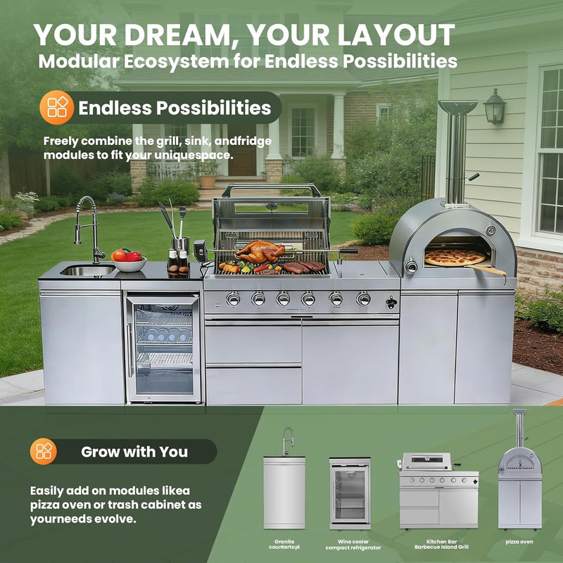 Vaztrlus Outdoor Kitchen Island, Natural Gas BBQ Grill w/Side Burner Pizza Oven