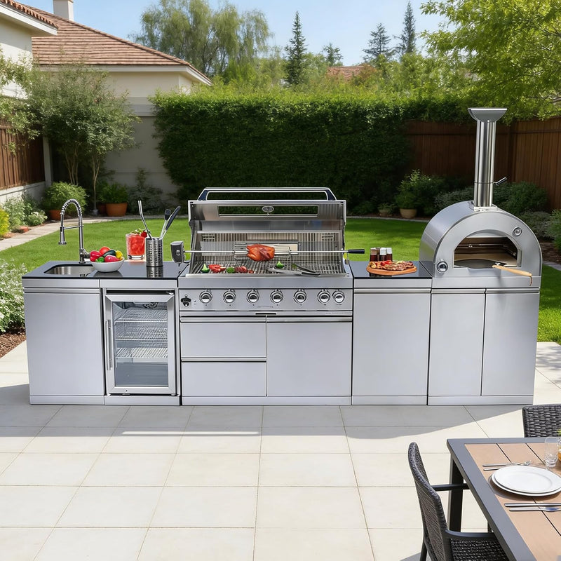 Vaztrlus Outdoor Kitchen Island, Natural Gas BBQ Grill w/ Pizza Oven