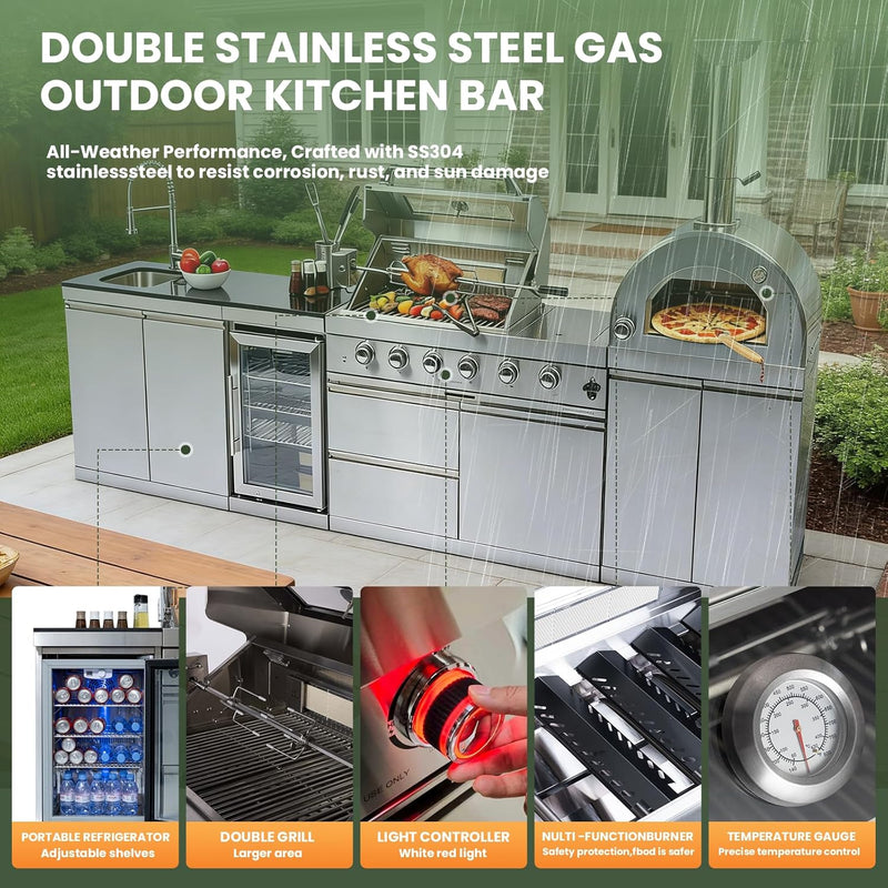 Vaztrlus Outdoor Kitchen Island Natural Gas BBQ Grill w/ Side Burner Pizza Oven