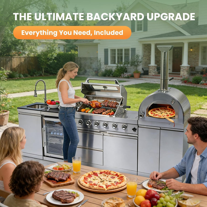 Vaztrlus Outdoor Kitchen Island, Natural Gas BBQ Grill w/Side Burner Pizza Oven