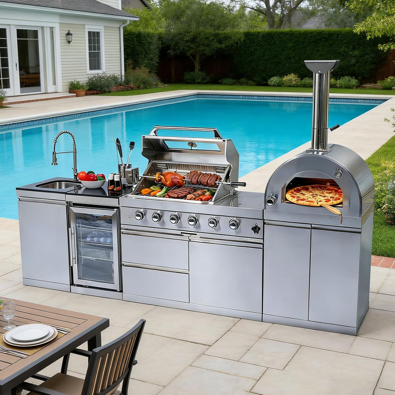 Vaztrlus Outdoor Kitchen Island, Natural Gas BBQ Grill w/Side Burner Pizza Oven