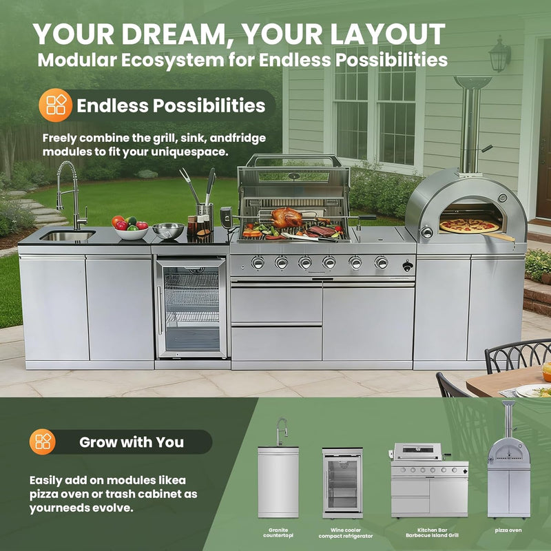 Vaztrlus Outdoor Kitchen Island Natural Gas BBQ Grill w/ Side Burner Pizza Oven