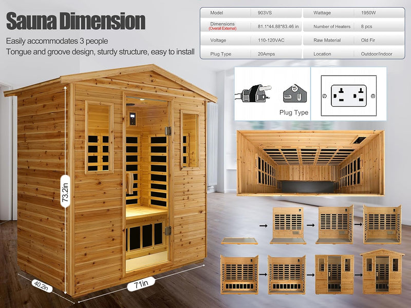 SalusHeat KM-903VS 3 Person Outdoor  Infrared Wooden Sauna